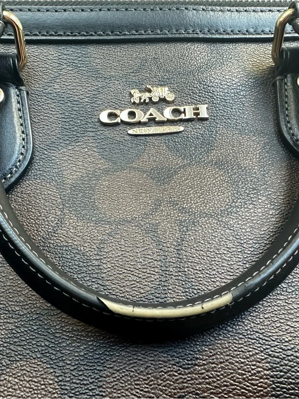 Coach signature Rowan Black Brown Mini Satchel with Gold Logo missing strap